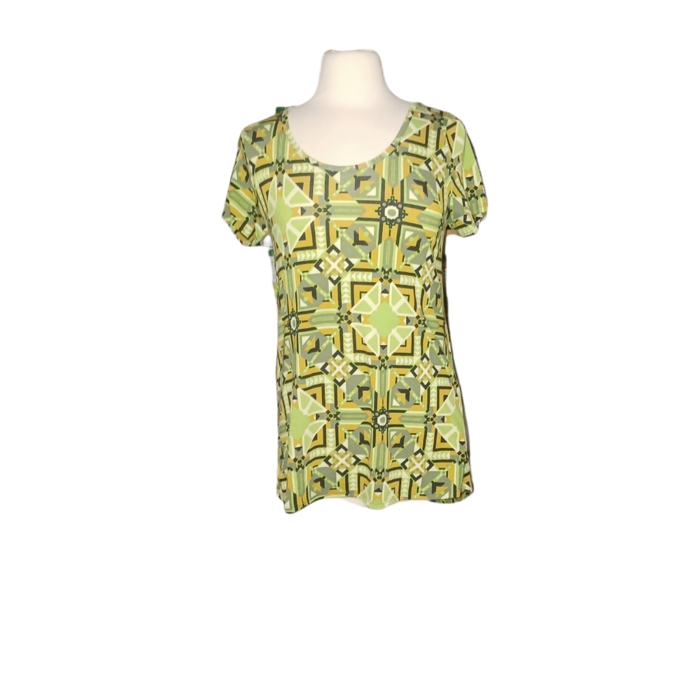 LuLaRoe Long Tunic Boho Blouse Shirt Top XS Green Gold Black Short Sleev…